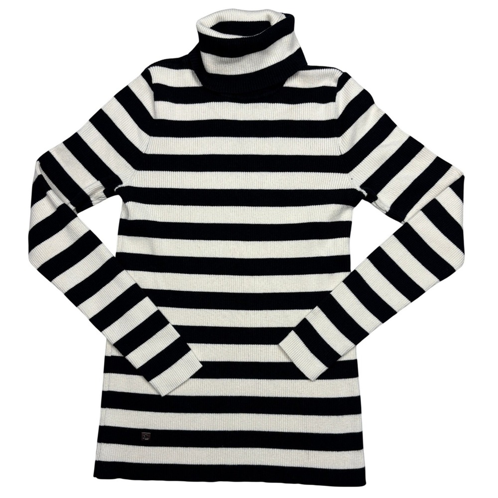 Lauren Ralph Lauren Striped Turtleneck Sweater Black White Ribbed Knit Womens M